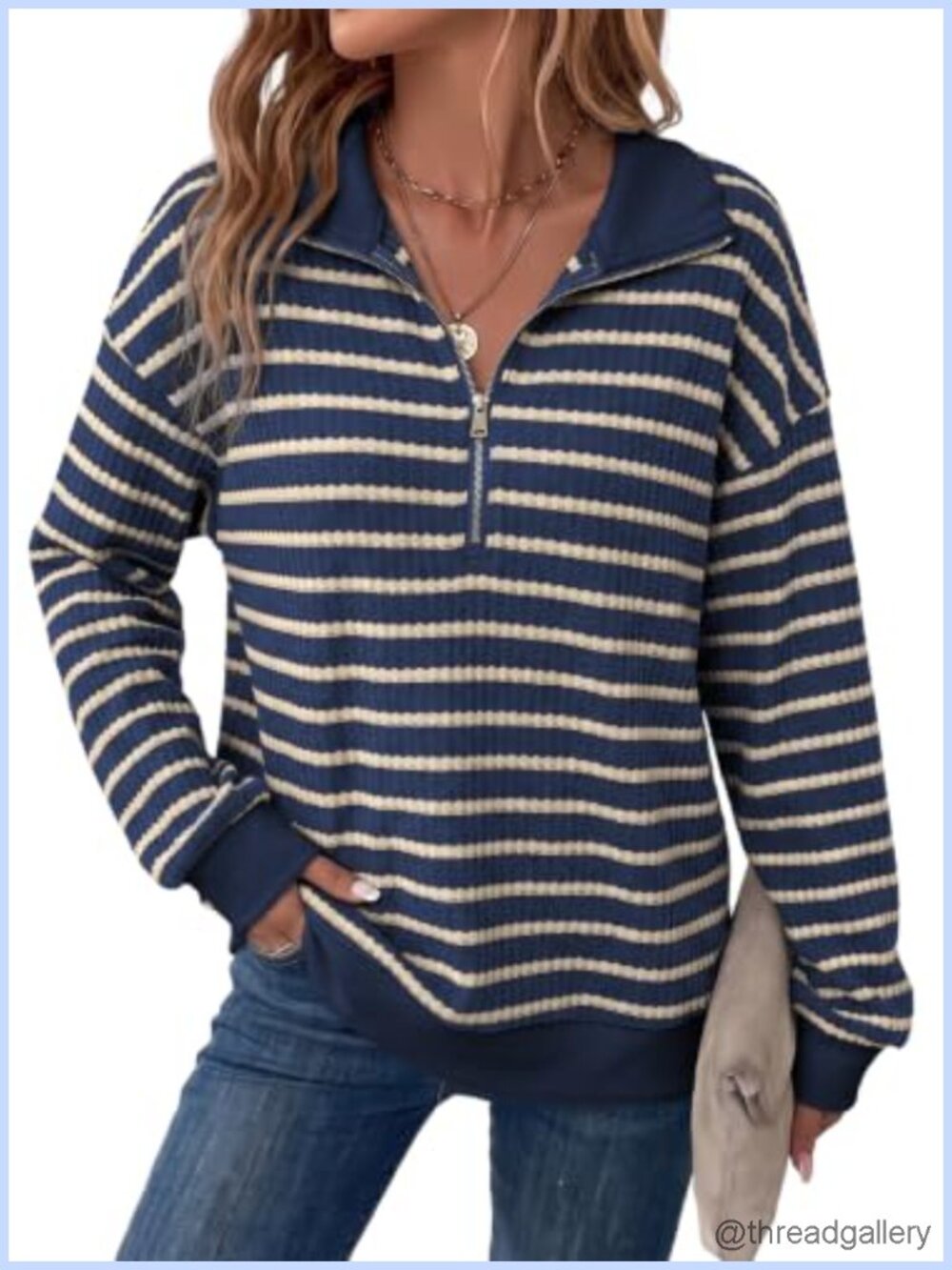 Womens Half Zip Waffle Knit Striped Color Block Sweatshirt Loose Fit Pullover